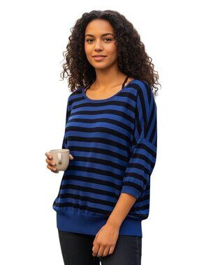 Arden B Womens Blue & Black Striped Open Back Batwing Top L